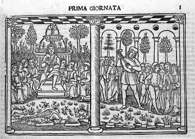 Úvod: Reprezentace autora Dekameronu obklopuje deset mladých lidí. Ilustrace prvního dne Dekameronu (1349-1351) od Giovanniho Boccaccia nebo Jeana Boccace (1313-1375), rytina v „“ Decamerone ouer Cento nouelle““ Benátky, Bartol od Italian School