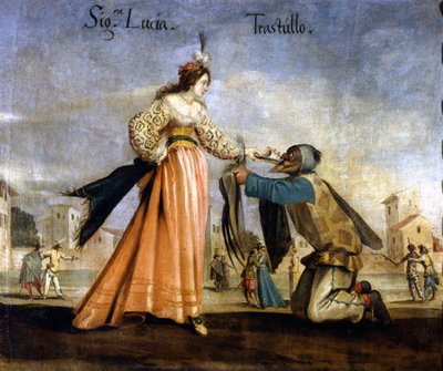italské masky. Obraz boloňské školy 17. století: Madame Lucia a Trastullo. Museo Scala Milán od Italian School