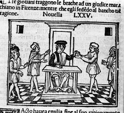 Scéna soudu ve Florencii. Ilustrace pro novinky 75 (Nová 5 osmého dne) „Dekameronu“ od Giovanniho Boccaccia dit Jean Boccaccia (1313-1375), italského spisovatele. Rytina v „” Decamerone ouer Cento nouelle”” Benátky, Bartolomeo de 