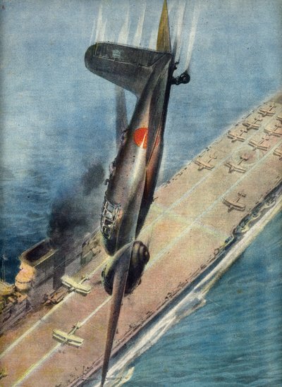 Letec kamikadze Abe útočí na britskou letadlovou loď, ilustrace z listu "La Domenica del Corriere", 5. listopadu 1944 (tisk) od Italian School