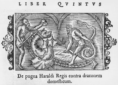 Král Harald bojující s drakem, ilustrace z Historie severních národů od Olause Magnuse (1490-1558), vydaná v Římě, 1555 od Italian School