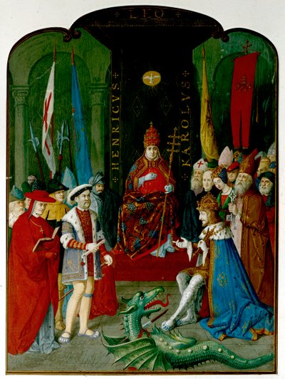 Král Jindřich VIII ve sporu s císařem Karlem V. před papežem Lvem X. Jindřich drží roli, kterou může být bula z roku 1521, která mu uděluje titul 