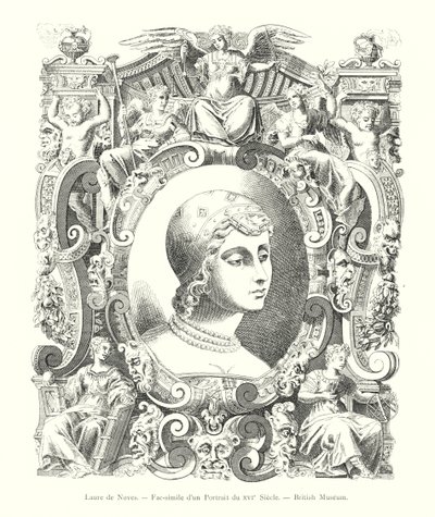 Laure de Noves, faksimile portrétu ze 16. století, Britské muzeum (rytina) od Italian School