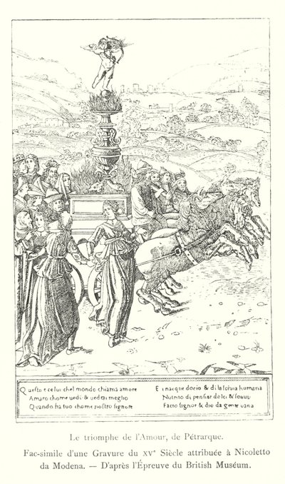 Triumph of Love, od Petrarca, faksimile rytiny z 15. století připisovaná Nicoletto da Modena, po tisku Britského muzea (rytina) od Italian School