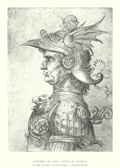 Leonardo da Vinci, Busta válečníka, Faksimile kresby Silverpoint, Malcolm Collection (rytina) od Italian School