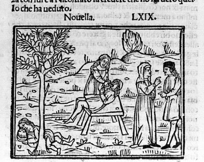 Lidia, cizoložná manželka, je překvapena svým manželem v Pirrově náručí. Ilustrace pro novinky 69 (Nová 9 sedmého dne) „Dekameronu“ od Giovanniho Boccaccia dit Jean Boccaccia (1313-1375), italského spisovatele. Gravírování v „“ Decamerone ouer Cento no od Italian School