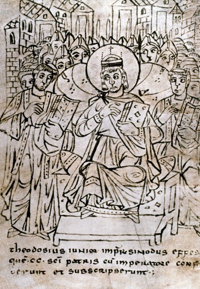 Lombardské umění: „“ Císař Theodosius II. (401-450), vnuk Theodosia I., na koncilu v Efesu dne 22. 6. 431 odsuzující nestorianismus (patriarchy Nestória nebo Nestoria)“ Kresba perem na pergamen čerpá z smlouva o kanonických právech. 9t od Italian School