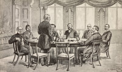 Londýnská konference o Egyptě, Spojené království: hrabě Munster, Musurus Pasha, Granville (stojící), hrabě Nigra, Waddington, De Staal, Childers, hrabě Karolyi, rytina z kresby Edoarda Ximenese, z L