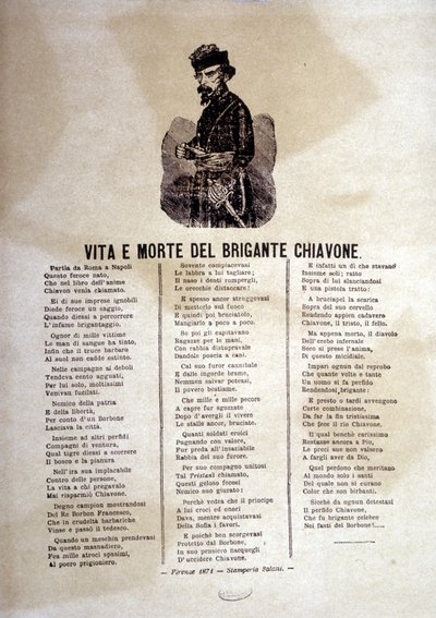 Text populární písně o lupičích z Chiavone od Italian School