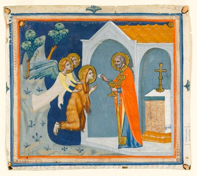 MS McClean folio 201.4 r Svatá Máří Magdaléna na poušti v okolí Aix, kterou andělé nesou ke svatému Maximinovi, který jí podává poslední přijímání, asi 1330. od Italian School