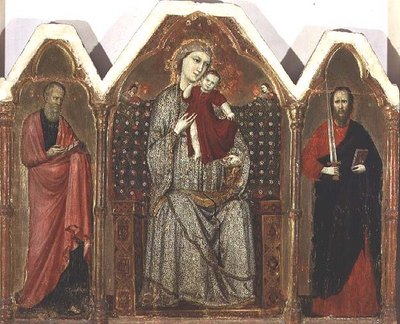 Madonna a dítě na trůnu, s SS. Jan Evangelista a Pavel, Riminese School (triptych panel) od Italian School