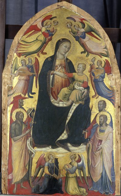 Madona s dítětem na trůnu z mraků se svatými a anděly, kolem 1415-20 (tempera na topolovém dřevě) od Italian School