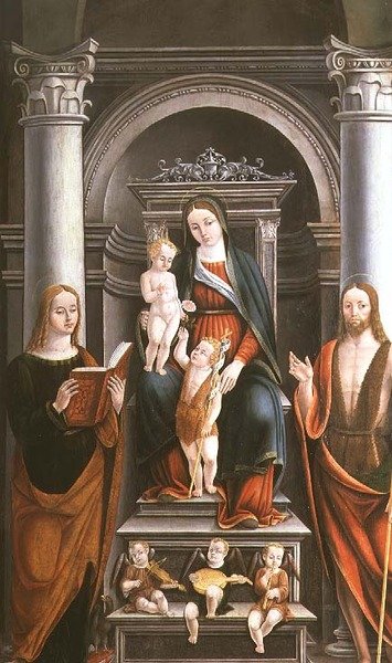 Madona s dítětem přijímající růži od kojence sv. Jana Křtitele se světci a anděly od M.B. (monogram) od Italian School