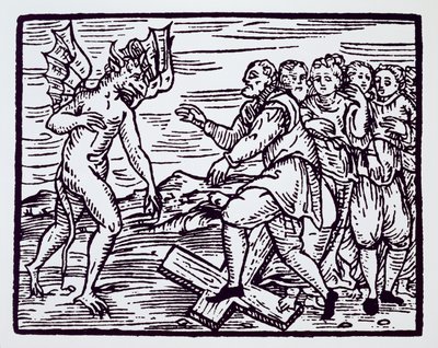 Muž čarodějnice zříkající se Krista, kopie ilustrace z Compendium Maleticarum od P. M. Guaccius, Milán 1608, použitá v Dějinách magie, vydaných koncem 19. století od Italian School