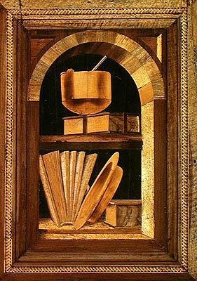 Intarzie panel zátiší s knihami (dřevo) od Italian School