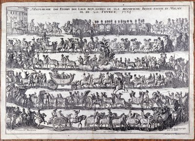 Maškaráda: průvod a tanec masek lidí u příležitosti masopustu. Milan 20.2.1764 Rytina 18. stol od Italian School