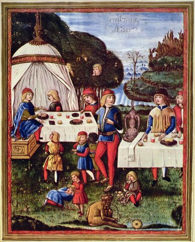 Maximilian Sforza jako dítě při jídle na zahradě, ilustrace z kopie ‚Ars grammatica‘ (velum) od Italian School