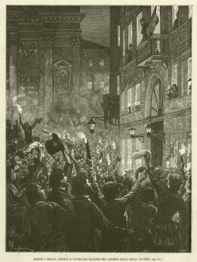 Mazzini v Miláně, Arringa lidé z balkónu Albergo Della Bella Venezia (rytina) od Italian School