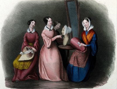 Milánský metier: klobouky vyráběly mladé ženy. 1830 Locarno rytina. od Italian School