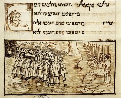 Ms.C.A.2795 Židovský národ překračující Rudé moře se Svatou archou následovaný Egypťany, z Příběhu židovského národa od Italian School