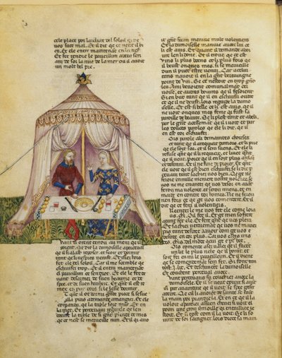Ms.Fr 343 f.31v Sir Percival je pokoušen dívkou, která mu dává hostinu, než ho svede, z Queste del Saint Graal, kolem 1380-85 od Italian School