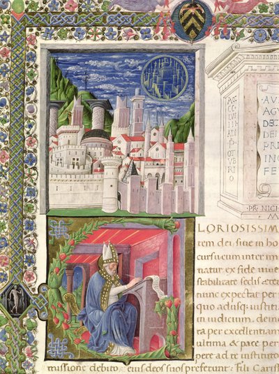 Ms 218 f.2r Pohled na Řím jako město Boží a písmo sv. Augustina z „De Civitate Dei“ od sv. Augustina z Hrocha (354-430) 1459 (vellum) od Italian School