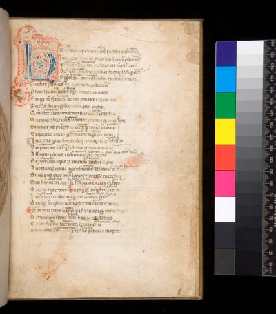 Ms 315. Horác, Ars Poetica a Epistulae, f.1r. Zdobená iniciála [N] v modré a červené plenkové výplni a okolní pero v červené barvě od Italian School