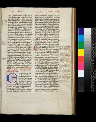 Ms 342. Caesar, Opera, f.38r. Iniciála [E] v modré barvě s perem zdobeným červeným zdobením od Italian School