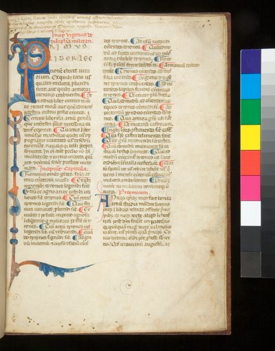 Ms 398. Vegetius, Epitoma rei militaris, f.1r. Zdobená iniciála [P] prodlužující se tak, aby tvořila částečný okraj hole a akantu, Padova?, konec 13. století (pergamen) od Italian School