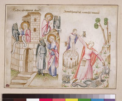 Paní 43-1950 (5v) Christs Temptation, Daniel ničící Bel, ze Speculum Humanae Salvationis od Italian School