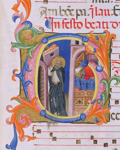 Ms 559 f.298v Historická iniciála G znázorňující svatého Dominika, jak se hlásí k církvi a sen papeže Honoria III. (1216-27) ze žaltáře H ze San Marco e Cenacoli od Italian School
