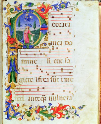 Ms 577 f.1 Historická iniciála „P“ zobrazující mužskou postavu v divočině, z „Messale di Sant