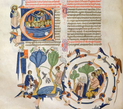 Ms 766 Kristus hovořící s anděly a výjevy ze středověkého každodenního života (zemědělství, hospodaření, rybolov a modlitby, miniatury z Liber Quatuor Sententiarum (Knihy sentencí) Petra Lombarda, secon. od Italian School