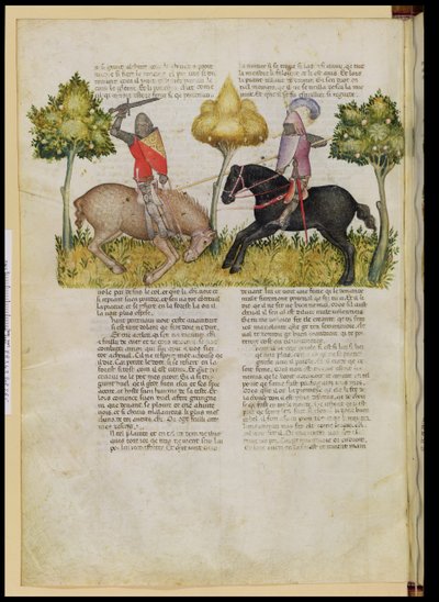 Paní Fr 343 fol.26v Kůň Sir Percivals je zabit, z Queste del Saint Graal, kolem 1380-85 od Italian School