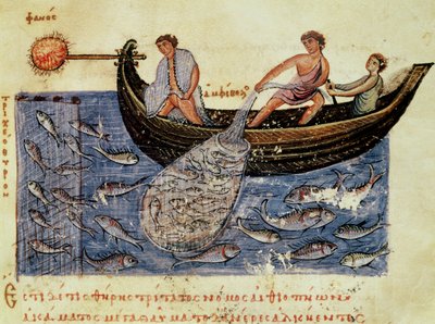 Paní Grec 479 Fishing with a Net, ilustrace z Halieutica od Oppiana (tempera na pergamenu) od Italian School