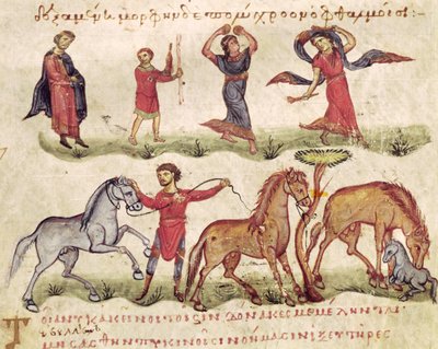 Ms Grec 479 Horse Trainers, ilustrace z Halieutica nebo Cynegetica od Oppiana od Italian School