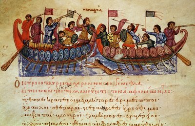 Námořní boj paní Grec 479 mezi dvěma loděmi, ilustrace z Halieutica nebo Cynegetica od Oppiana od Italian School
