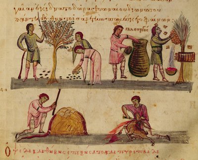 Ms Grec 479 Práce na poli, ilustrace z Oppianovy Cynegetiky (tempera na pergamenu) od Italian School