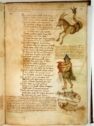 Paní Ital 483 P.4.7 f.158r Kozoroh, Vodnář a Ryby, z 