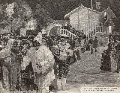 Hudební kiosek na výběr peněz pro nevidomé, maska Pulcinella, Karneval v Neapoli, Itálie, rytina z kresby Matania, rytina Gamberoni z L