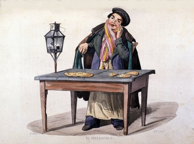 Neapol, prodavač pizzy. Rytina podle obrazu F. Palizzy. Z díla Francesca de Bourcard "" Kostýmy Neapolského království "" od Italian School