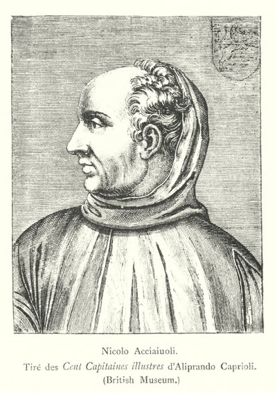 Nicolo Acciaiuoli, Tire des Cent Capitaines ilustrace od Alipranda Caprioliho, Britské muzeum (rytina) od Italian School