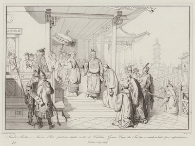 Nicolo Matteo a Marco Polo odcházejí ze dvora Cubilai Gran Can de Western Tartars, aby se repatriovali od Italian School