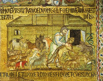 Noe pomáhá dvojicím zvířat vstoupit do archy... (mozaika) od Italian School