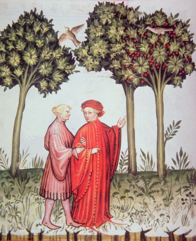 Nova 2644 fol.102v Dva přátelé spolu na procházce, z Tacuinum Sanitatis Codex Vindobonensis (vellum) od Italian School