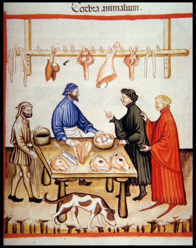 Nova 2644 fol.77r Řeznictví, prodej mozků, od Tacuinum Sanitatis Codex Vindobonensis od Italian School