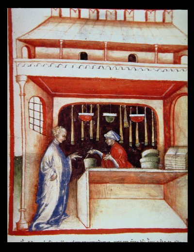Nova 2644 fol.93v Prodej pižma, od Tacuinum Sanitatis od Italian School