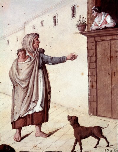 Staré neapolské metiers: žebračka a její dítě v ulicích Neapole - (staré neapolské obchody: žebrák) Akvarel 19. století - Neapol Museo Nazionale di San Martino od Italian School
