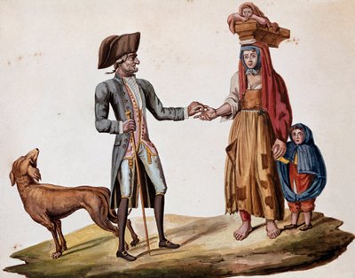 Staré neapolské metiery: šlechtic dává minci palmisciánovi - (starý neapolský obchod: bohatý muž dává peníze chudému vypravěči) Akvarel 19. století - Neapol Museo Nazionale di San Martino od Italian School