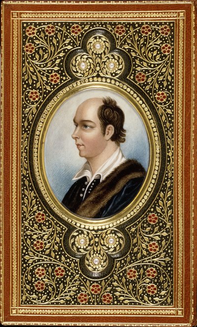 Oválný miniaturní portrét Olivera Goldsmitha, rámovaný zlacenými trojlístky se třemi perlami, 1831 od Italian School